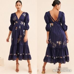 Especia Anthropologie Almida Embroidered Flowers Navy Blue Midi Dress